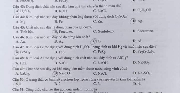 Đề thi hóa THPT quốc gia 2022 cập nhật nhanh nhất