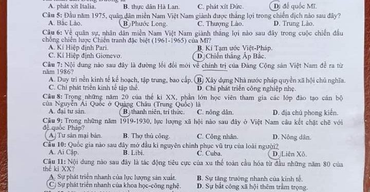 Đề thi sử THPT quốc gia 2022 cập nhật nhanh nhất