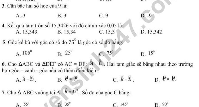 Đề thi toán lớp 7 học kì 1 huyện Thanh Trì năm học 2022 2023