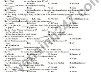 Đề thi tiếng anh lớp 10 học kì 1 năm học 2021-2022 có đáp án