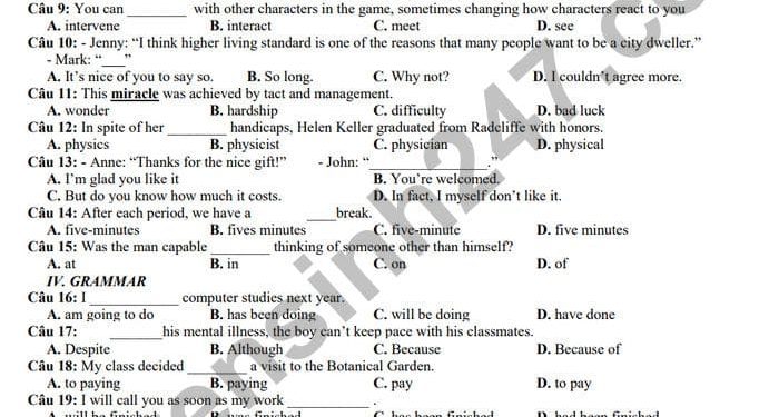 Đề thi tiếng anh lớp 10 học kì 1 năm học 2021-2022 có đáp án