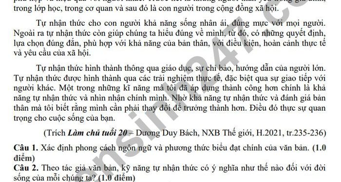 Đề thi học kì 1 lớp 11 môn văn THPT Gia Định 2022