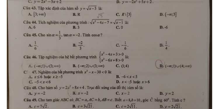 Đề thi toán cuối HK1 lớp 10 trường THPT Hưng Nhân năm 2022 2023