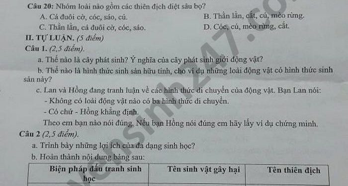 Đề thi sinh cuối kì 2 lớp 7 các năm học có file PDF