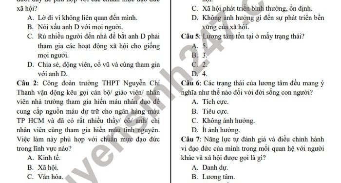 Đề thi cuối học kì 2 lớp 10 môn GDCD các năm có file PDF