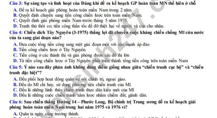 Đề thi học kì 2 năm 2021 môn Sử lớp 12 THPT Nguyễn Chí Thanh