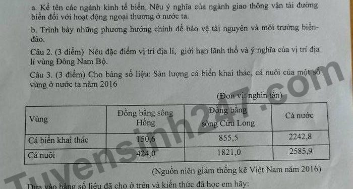 Đề thi địa lý lớp 9 cuối học kì 2