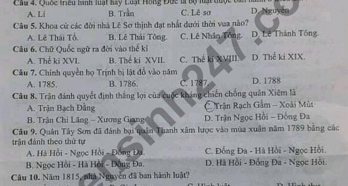 Đề Thi Lịch Sử Lớp 7 Cuối Học Kì 2 Các Năm Học Có File Pdf