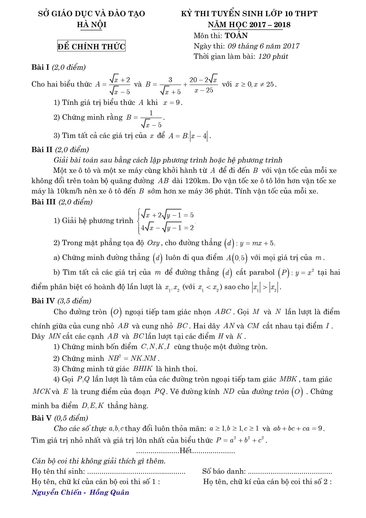 Đề thi vào lớp 10 môn toán Hà Nội năm học 2017 2018 có đáp án và file PDF