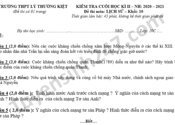 Đề thi lịch sử lớp 10 cuối HK2 THPT Lý Thường Kiệt 2021