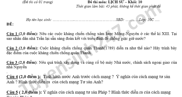 Đề thi lịch sử lớp 10 cuối HK2 THPT Lý Thường Kiệt 2021