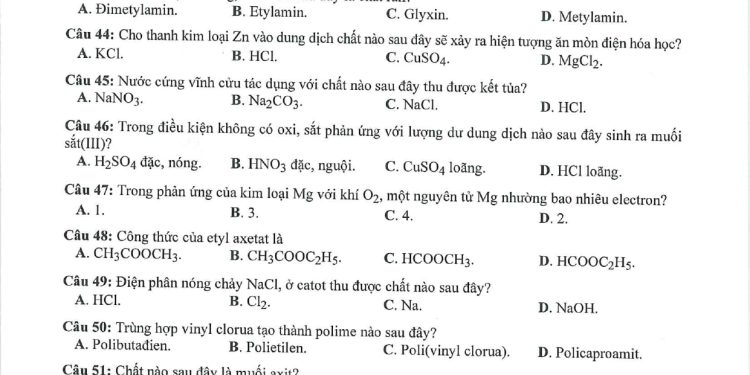 Đề minh họa môn hóa thpt quốc gia 2023
