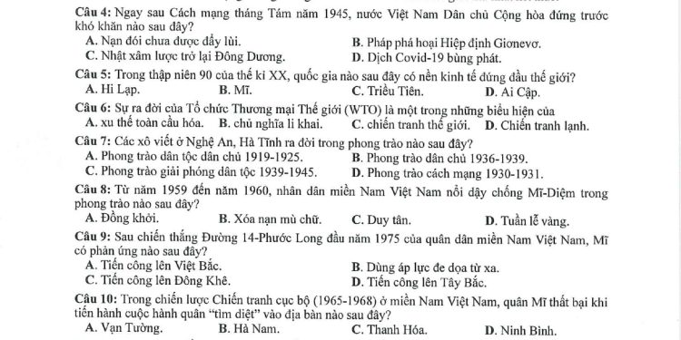 Đề minh họa môn lịch sử thpt quốc gia 2023 có file pdf và đáp án