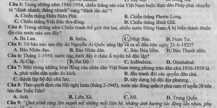 Đề thi lịch sử HK2 lớp 12 tỉnh Nam Định năm học 2022 2023