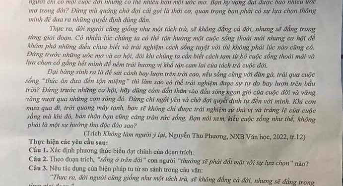 Đề thi văn cuối HK2 tỉnh Nam Định năm học 2022 2023