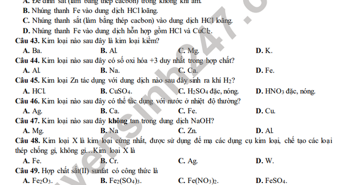 Đề thi hóa cuối HK2 lớp 12 THPT Lương Ngọc Quyến  năm học 2020 2021