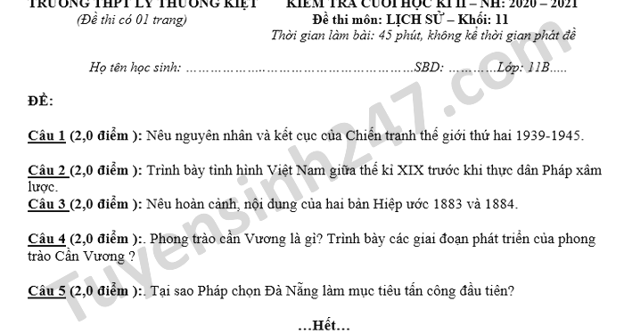 Bộ đề thi lịch sử lớp 11 cuối học kì 2 mới nhất 2023