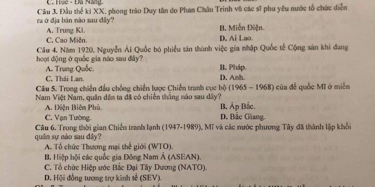 Đề thi khảo sát chất lượng Lớp 12 môn lịch sử TP Hải Phòng 2023