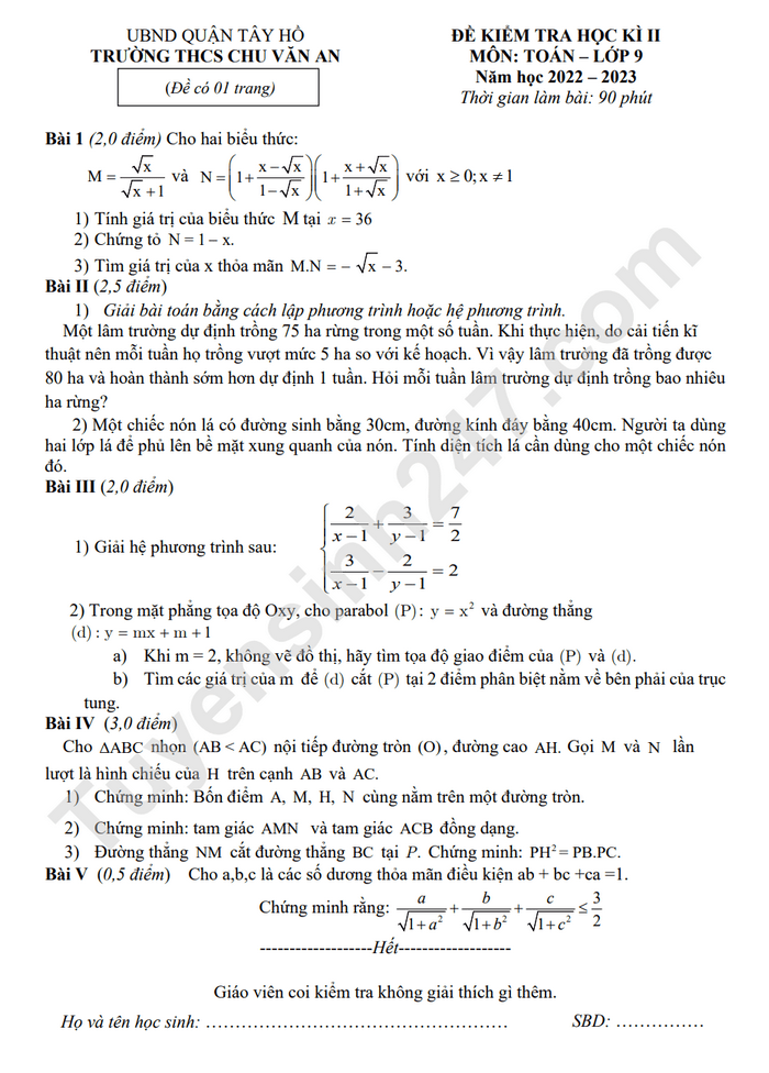Đề thi học kì 2 toán 9 THCS Chu Văn An 2023 (Có đáp án)