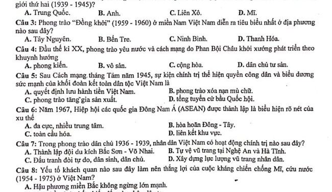Đề thi kscl lớp 12 môn lịch sử tỉnh Thanh Hóa 2023 lần 2 có đáp án