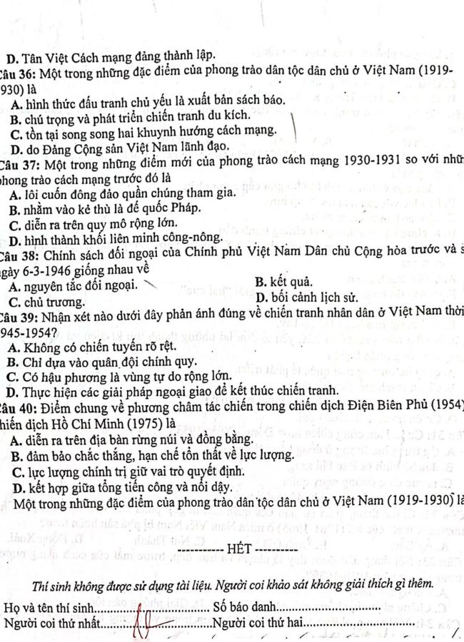 Đề thi kscl lớp 12 môn lịch sử tỉnh Hà Nam 2023 có đáp án