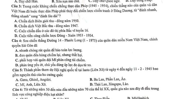 Đề thi KSCL lớp 12 môn lịch sử tỉnh Ninh Bình 2023 có đáp án và file pdf