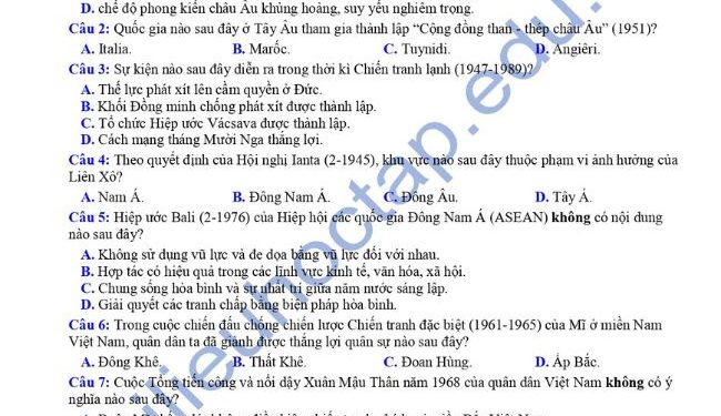 Đề thi kscl môn lịch sử lớp 12 tỉnh Vĩnh Phúc Lần 2 có đáp án-min