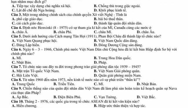 Đề thi thử tốt nghiệp môn lịch sử tỉnh Bắc Giang lần 2 có đáp án