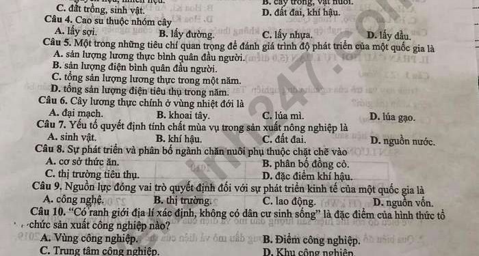 Bộ đề thi địa lý lớp 10 cuối học kì 2