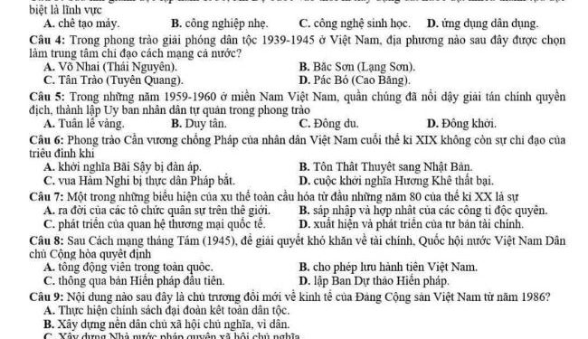 Đề thi KSCL lớp 12 môn lịch sử tỉnh Phú Thọ 2023