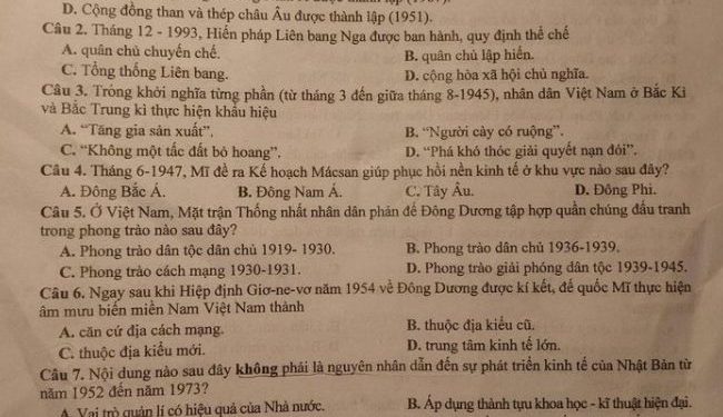 Đề thi thử tốt nghiệp môn lịch sử THPT tỉnh Nam Định 2023