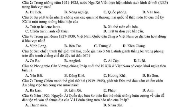 Đề thi thử lịch sử THPTQG 2023 tỉnh Bình Phước Lần 1