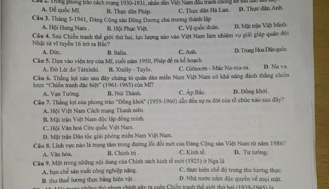 Đề thi thử môn lịch sử THPTQG 2023 tỉnh Quảng Bình