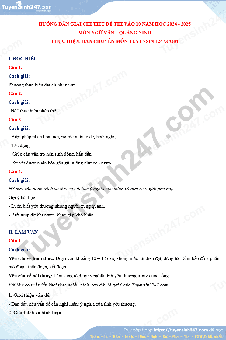 Đáp án đề văn vào 10 quảng ninh 2024