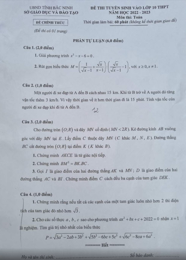Đề thi tuyển sinh lớp 10 môn toán Bắc Ninh 2023