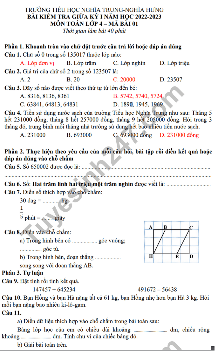 Bộ đề thi toán lớp 4 giữa học kì 1 (đáp án+PDF) mới 2024