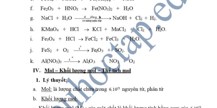 Đề cương ôn tập hóa 8 học kì 1