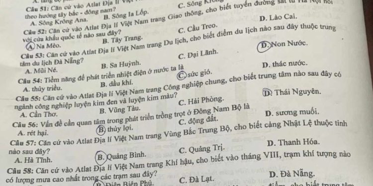 Bài tập Atlat Địa Lí 12 trắc nghiệm