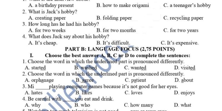 Đề thi Tiếng Anh lớp 7 giữa HK1 THCS Ngô Đồng 2023
