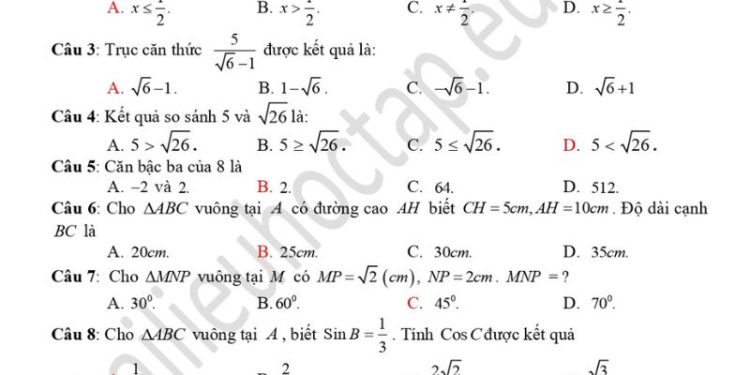 Đề thi toán giữa HK1 lớp 9 THCS Giao Thịnh 2023