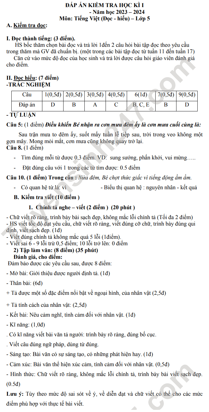 Đáp án Đề thi tiếng việt lớp 5 học kì 1 trường Tiểu Học An Ninh 2023