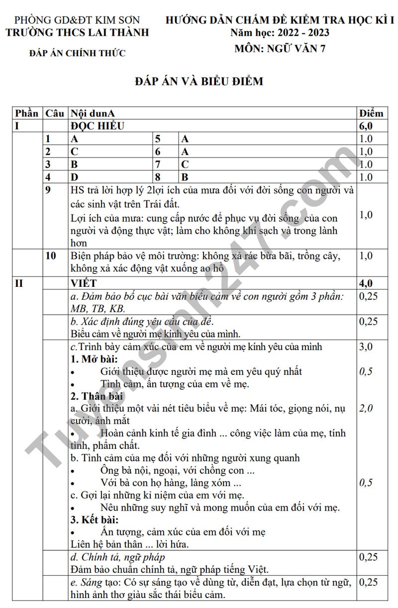 Đề thi văn cuối học kì 1 lớp 7-THCS Lai Thành 2023 2