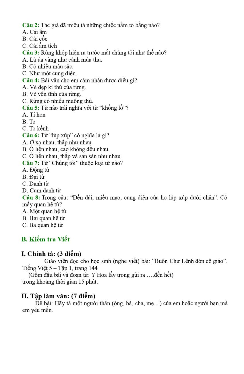 Đề ôn tập kiểm tra học kì 1 môn tiếng việt lớp 5