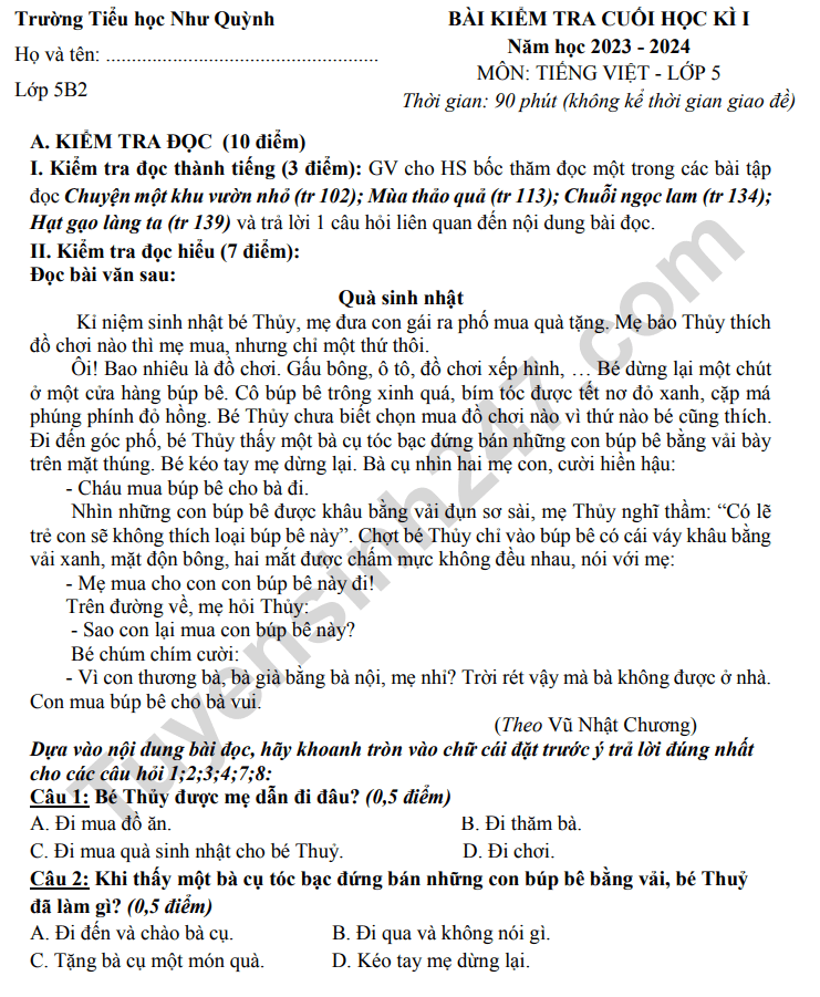Đề thi học kì 1 môn tiếng Việt lớp 5 trường Tiểu Học Như Quỳnh 2023 1