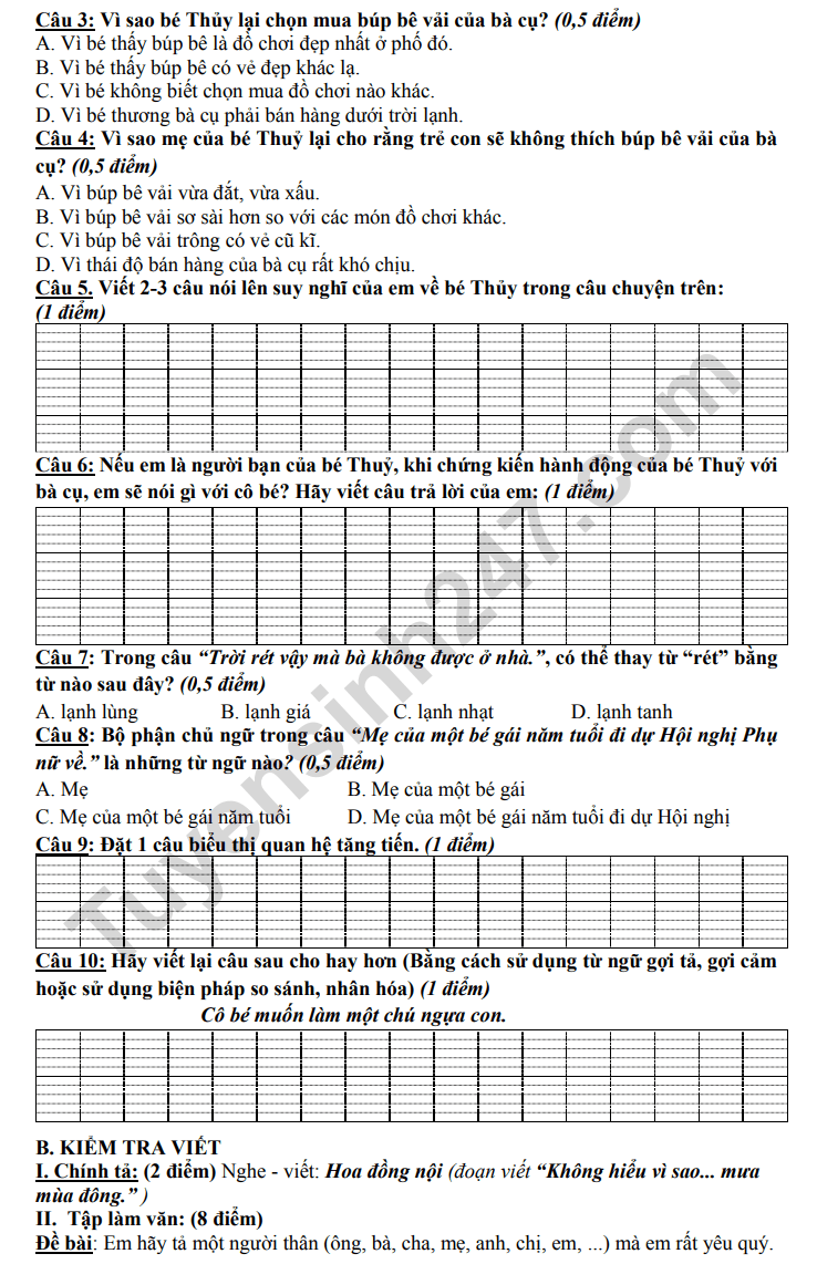 Đề thi học kì 1 môn tiếng Việt lớp 5 trường Tiểu Học Như Quỳnh 2023 2