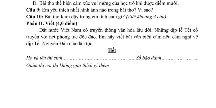 Đề thi văn cuối kì 1 lớp 7 có đáp án
