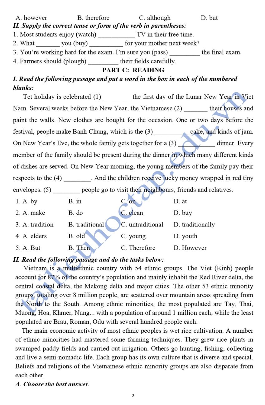 Đề thi tiếng anh cuối kì 1 lớp 8 THCS Giao Hương 2023 có file nghe và đáp án 2