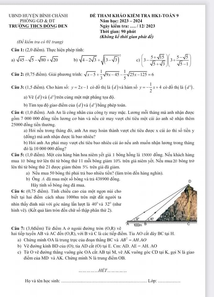 Đề kiểm tra toán học kì 1 lớp 9 THCS Đồng Đen - TP Hồ Chí Minh 2023