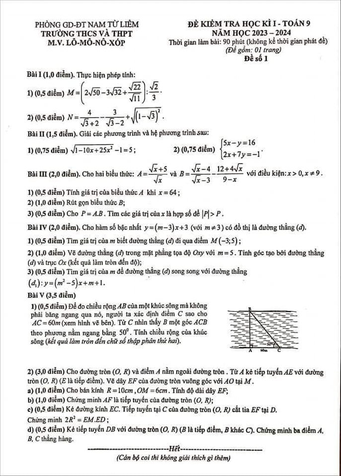 Đề kiểm tra toán học kì 1 lớp 9 trường THCS-THPT Lomonoxop 2023