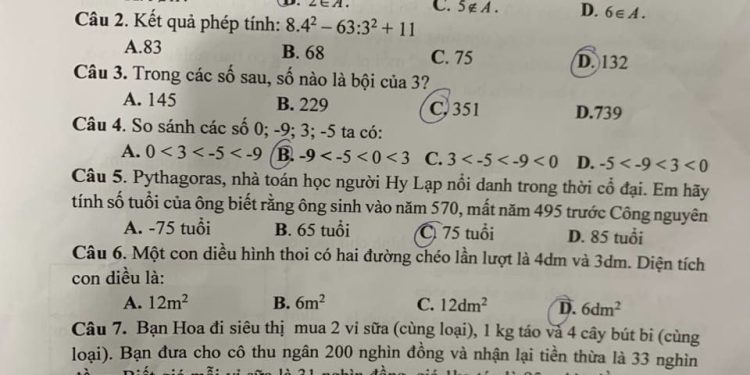 đề thi toán cuối HK1 lớp 6 quận Tây Hồ năm học 2023 2024